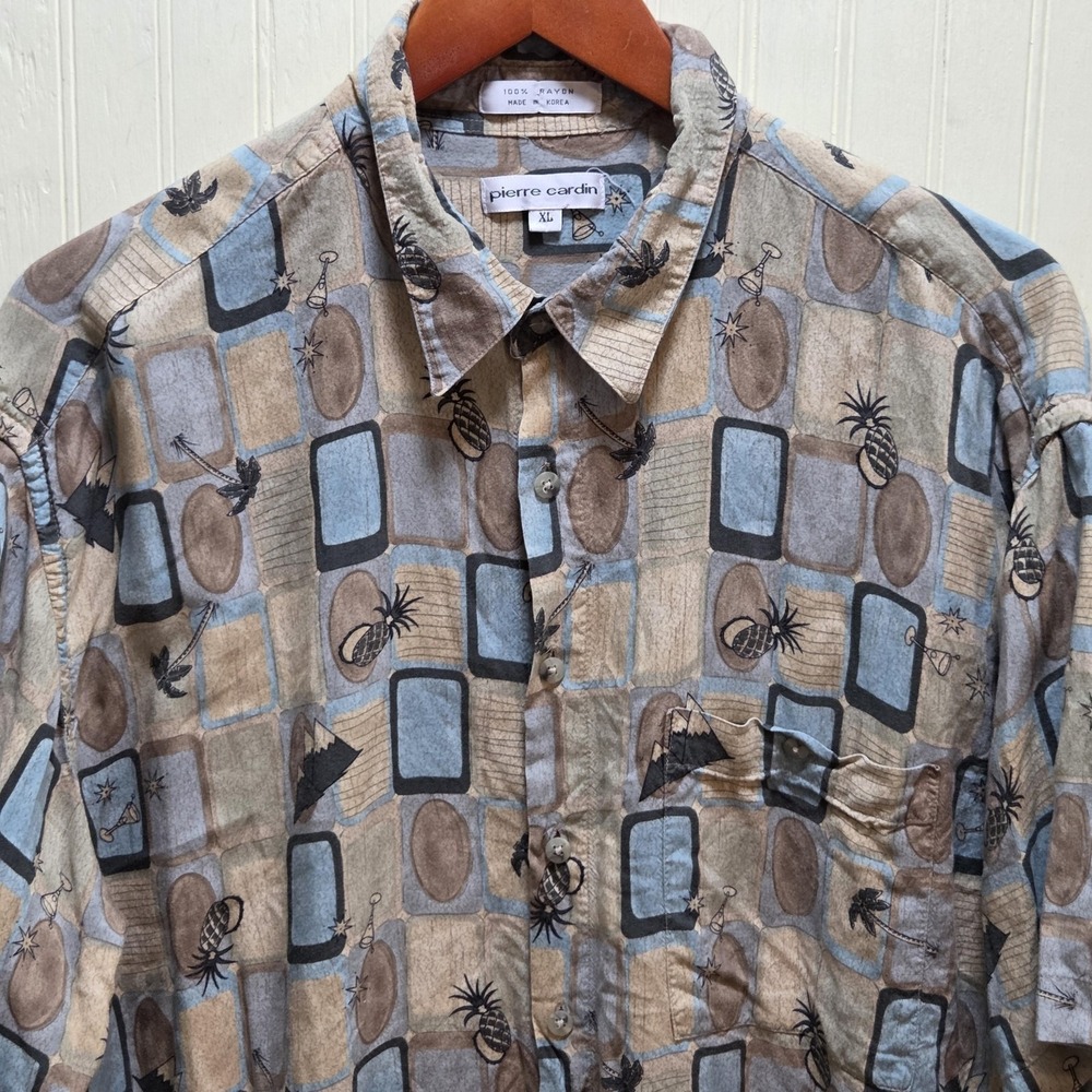 Vintage Pierre Cardin Shirt Mens XL Multicolor Tropical Short Sleeve Rayon Beach